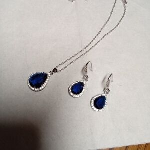Silver-tone Blue Teardrop Pendant Necklace and Earrings Set